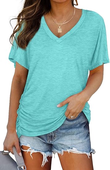 Womens Short Sleeve V Neck Dolman Tops with Side Shirring Loose Fit Shirts