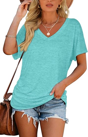 Womens Short Sleeve V Neck Dolman Tops with Side Shirring Loose Fit Shirts